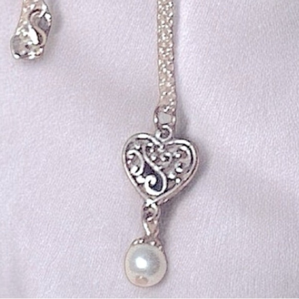 Handcrafted Silver Scrollwork Heart Pendant & Drop Faux Pearl Necklace Valentine - Picture 3 of 5